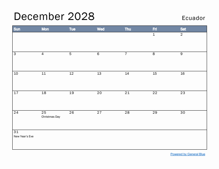 December 2028 Simple Monthly Calendar for Ecuador