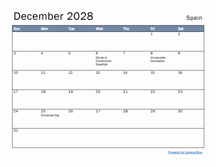 December 2028 Simple Monthly Calendar for Spain