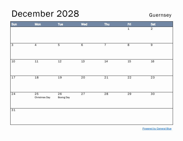 December 2028 Simple Monthly Calendar for Guernsey