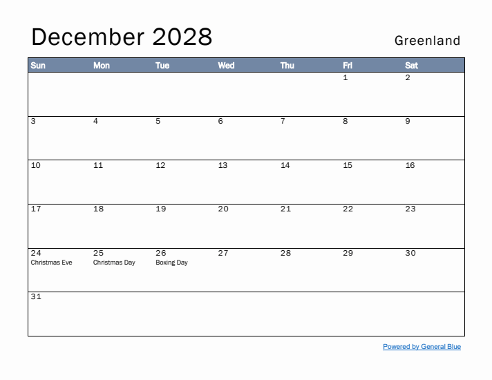 December 2028 Simple Monthly Calendar for Greenland