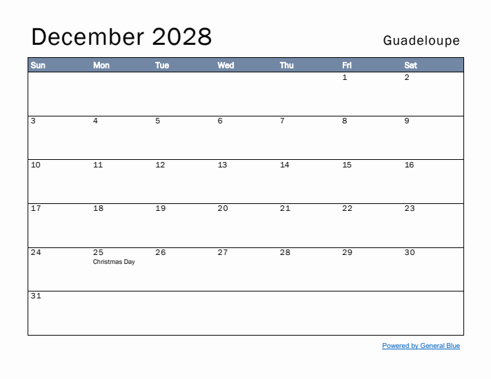 December 2028 Simple Monthly Calendar for Guadeloupe