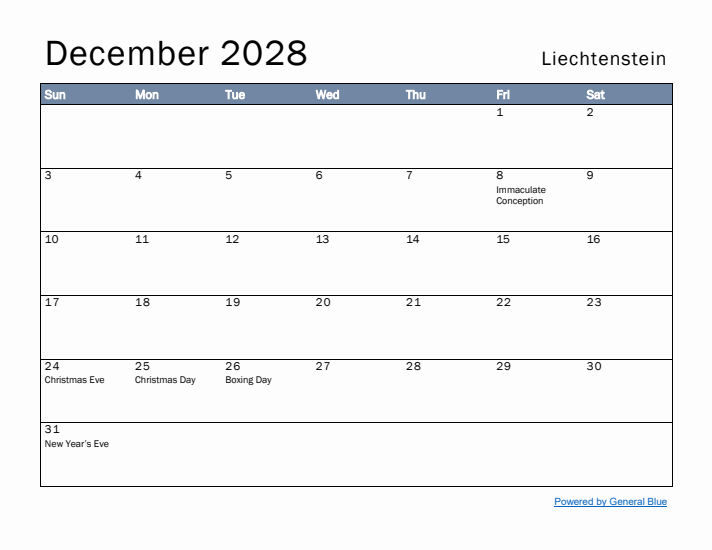 December 2028 Simple Monthly Calendar for Liechtenstein