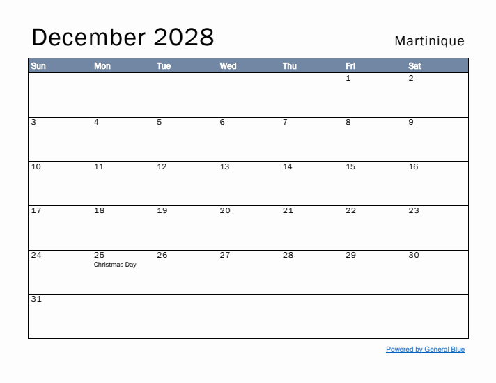 December 2028 Simple Monthly Calendar for Martinique