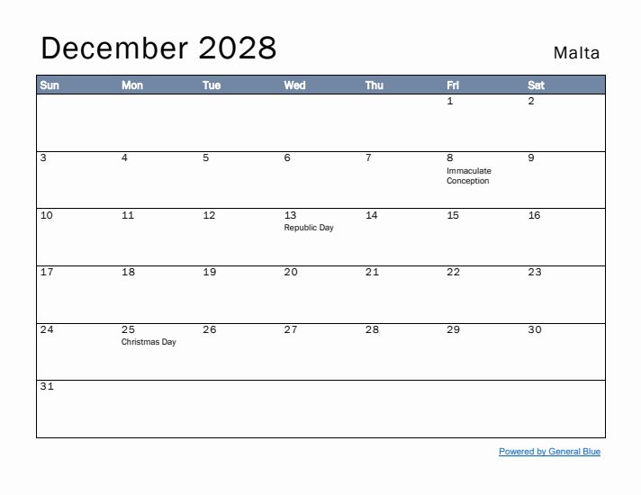 December 2028 Simple Monthly Calendar for Malta