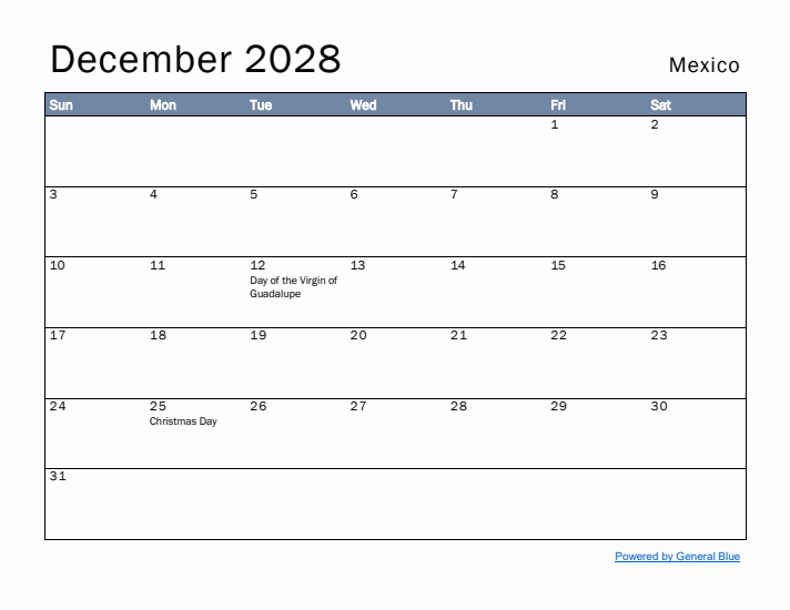 December 2028 Simple Monthly Calendar for Mexico