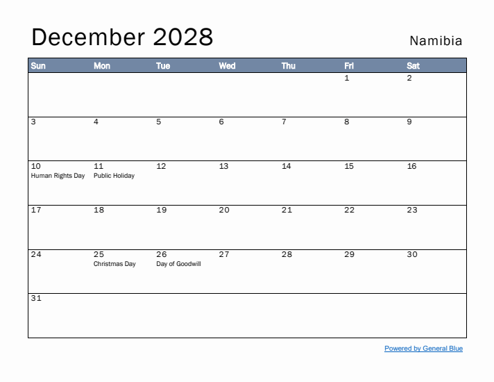 December 2028 Simple Monthly Calendar for Namibia