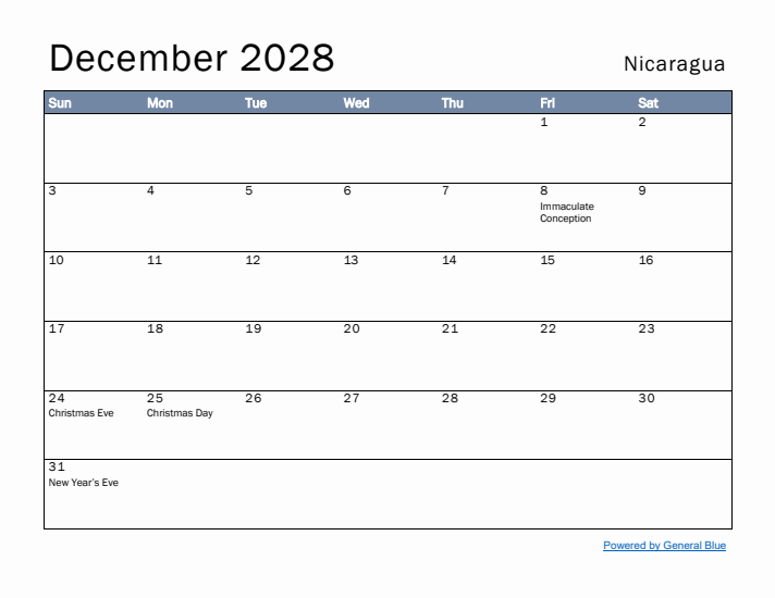 December 2028 Simple Monthly Calendar for Nicaragua