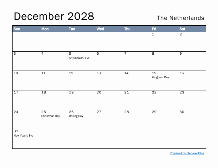 December 2028 Simple Monthly Calendar for The Netherlands