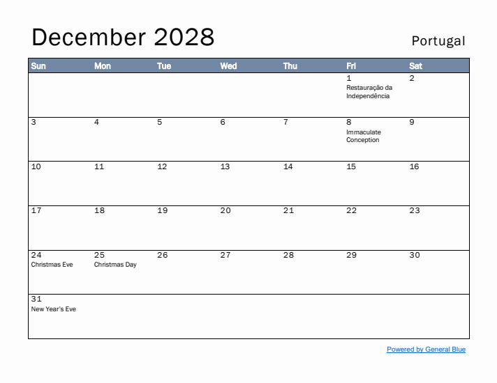 December 2028 Simple Monthly Calendar for Portugal