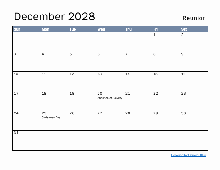 December 2028 Simple Monthly Calendar for Reunion