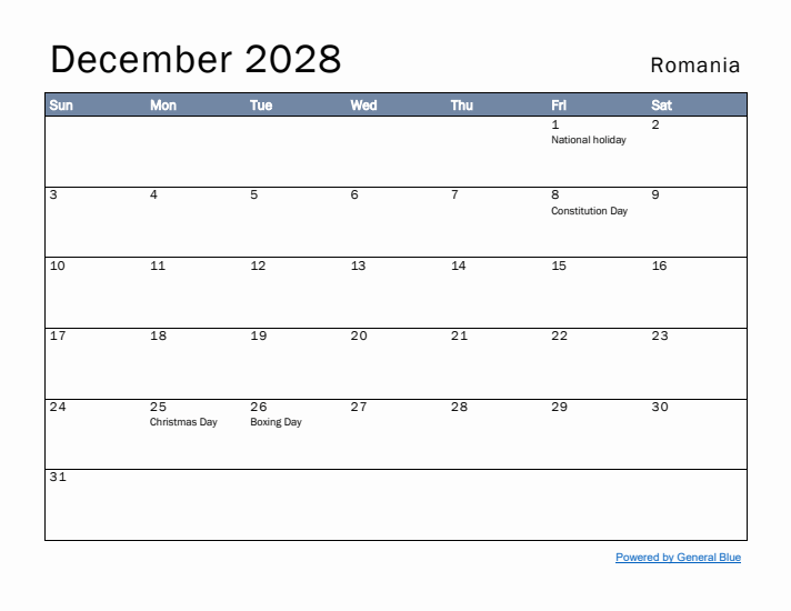 December 2028 Simple Monthly Calendar for Romania