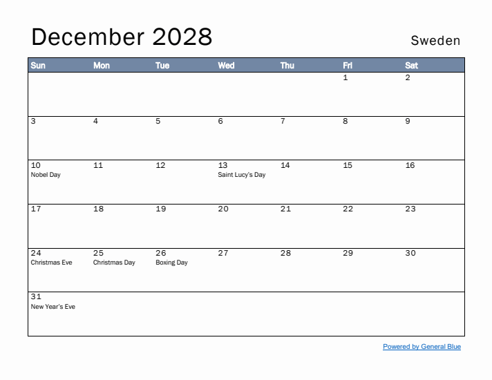 December 2028 Simple Monthly Calendar for Sweden