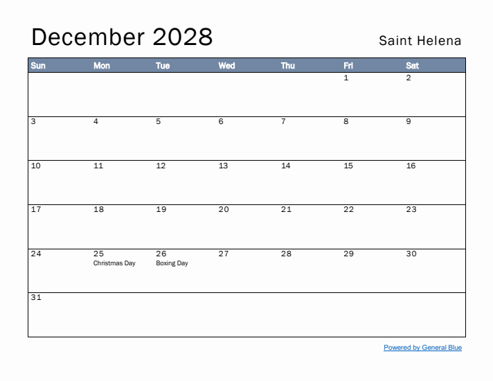 December 2028 Simple Monthly Calendar for Saint Helena