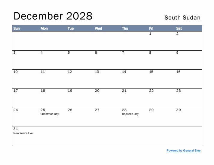 December 2028 Simple Monthly Calendar for South Sudan