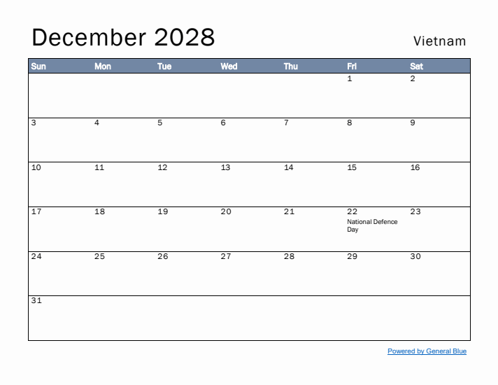 December 2028 Simple Monthly Calendar for Vietnam