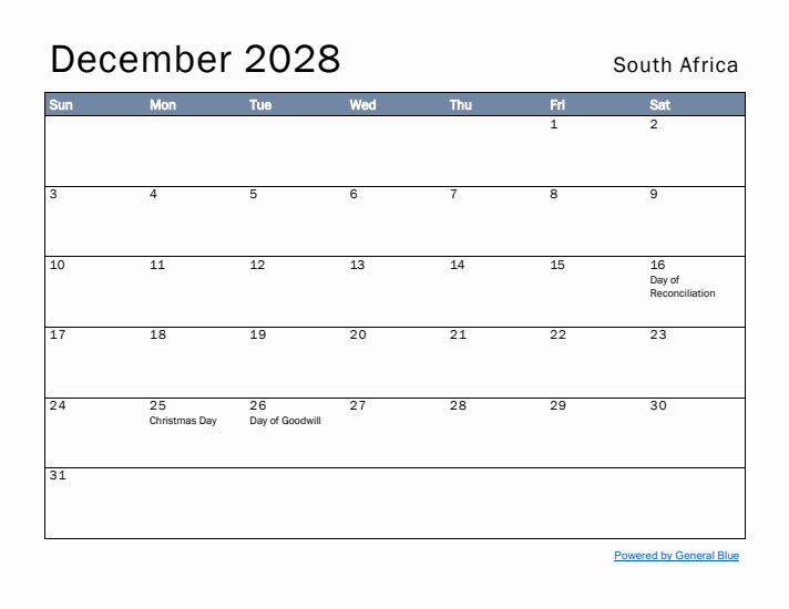 December 2028 Simple Monthly Calendar for South Africa