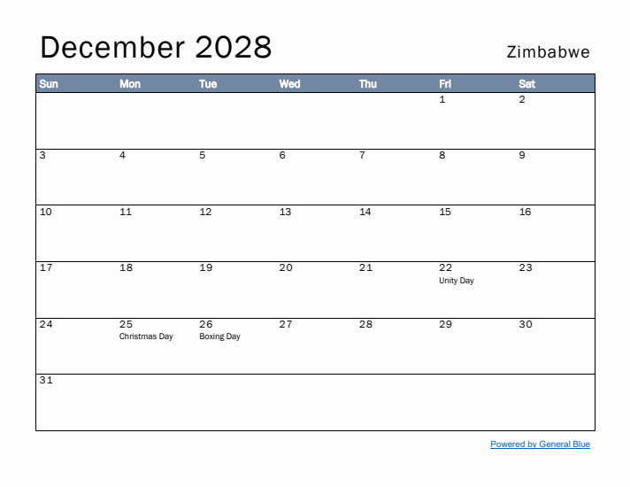 December 2028 Simple Monthly Calendar for Zimbabwe