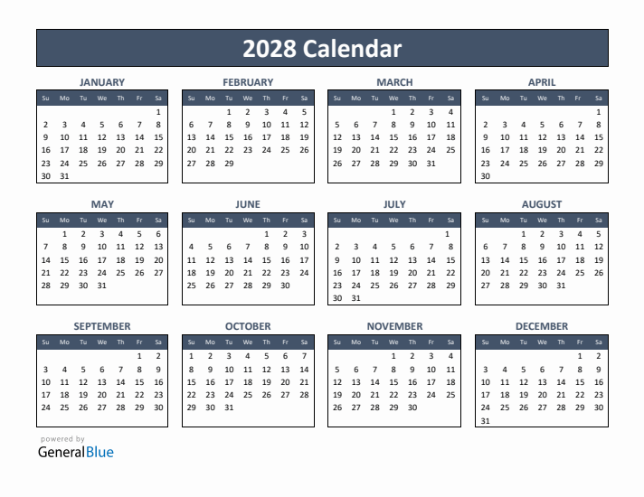 Basic Annual Calendar for Year 2028