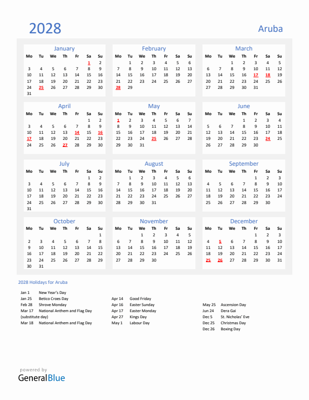 Basic Yearly Calendar with Holidays in Aruba for 2028 