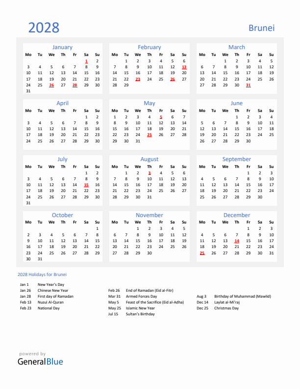 Basic Yearly Calendar with Holidays in Brunei for 2028 