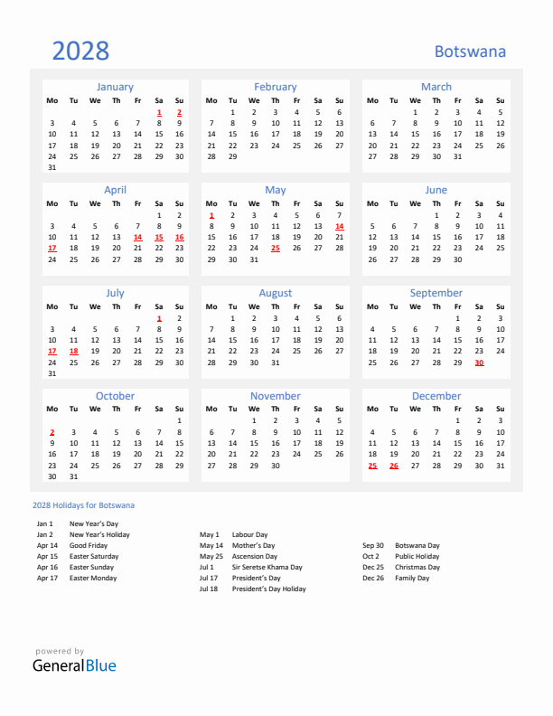 Basic Yearly Calendar with Holidays in Botswana for 2028 