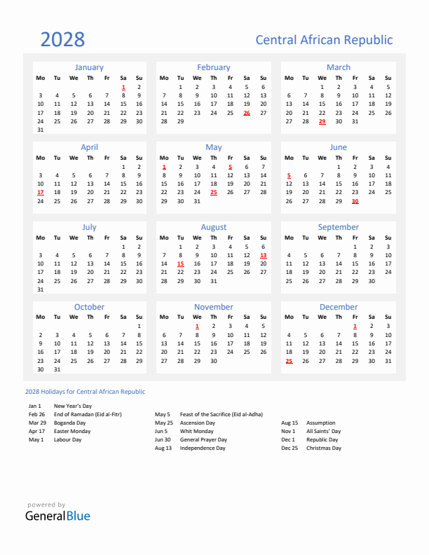 Basic Yearly Calendar with Holidays in Central African Republic for 2028 