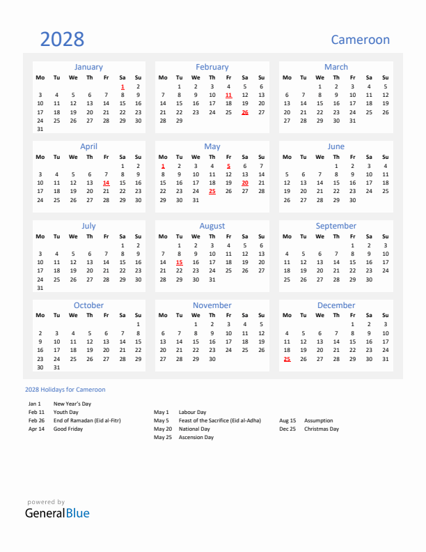 Basic Yearly Calendar with Holidays in Cameroon for 2028 