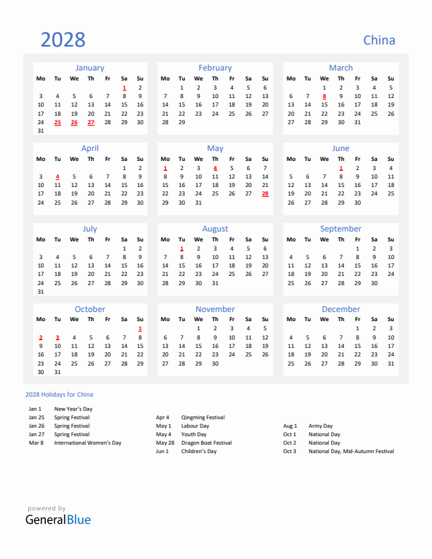 Basic Yearly Calendar with Holidays in China for 2028 