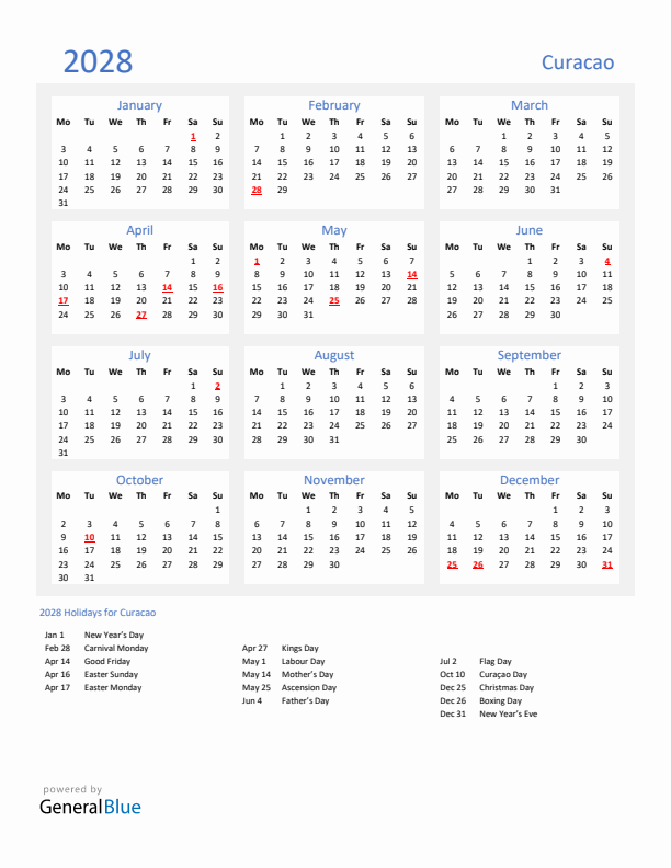 Basic Yearly Calendar with Holidays in Curacao for 2028 