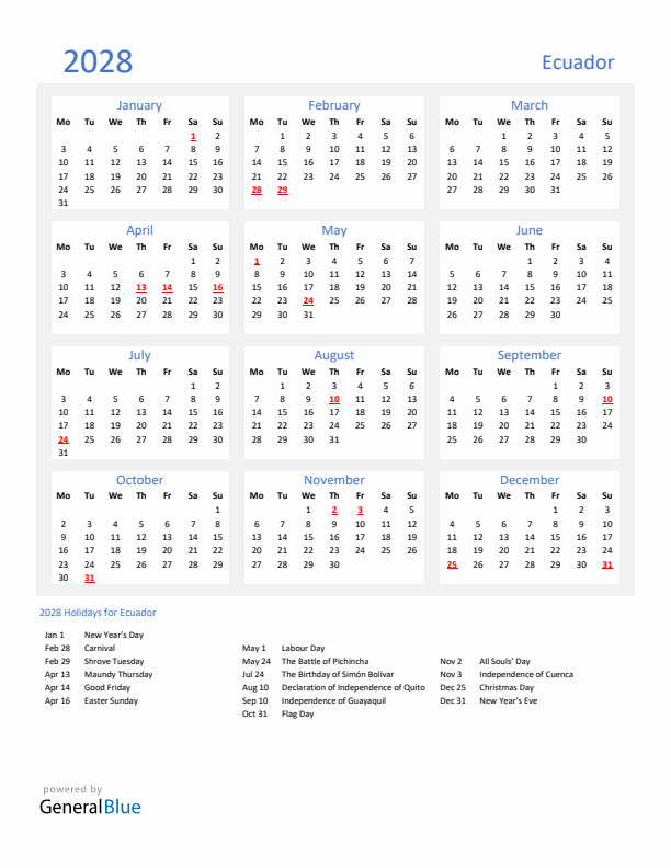 Basic Yearly Calendar with Holidays in Ecuador for 2028 