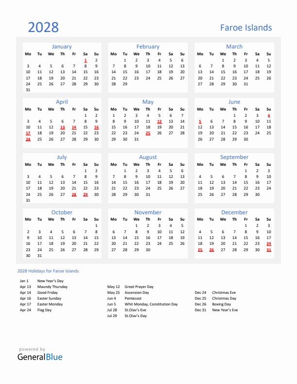 Basic Yearly Calendar with Holidays in Faroe Islands for 2028 