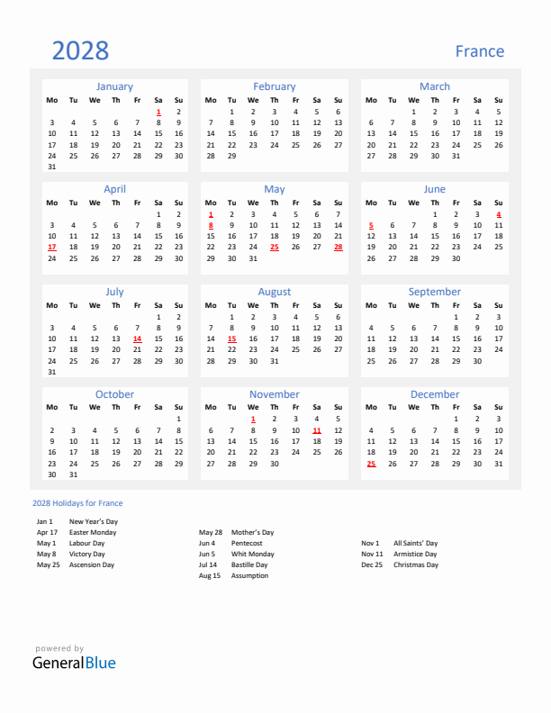 Basic Yearly Calendar with Holidays in France for 2028 