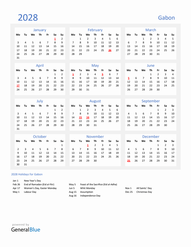 Basic Yearly Calendar with Holidays in Gabon for 2028 