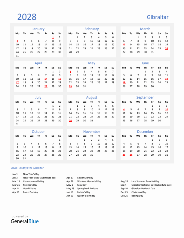 Basic Yearly Calendar with Holidays in Gibraltar for 2028 