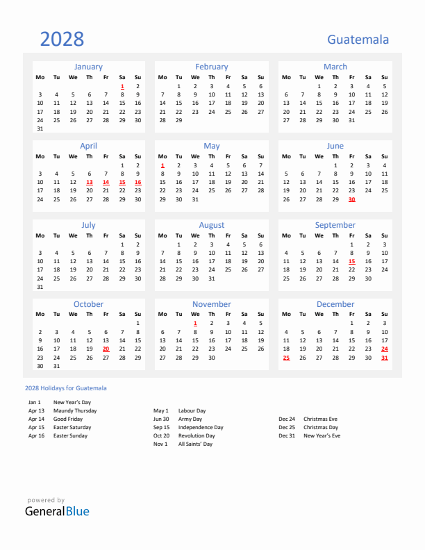 Basic Yearly Calendar with Holidays in Guatemala for 2028 