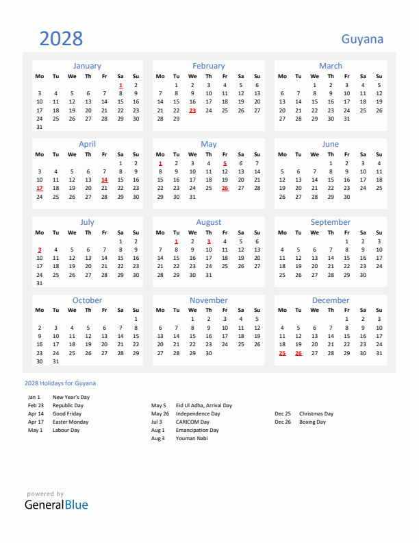 Basic Yearly Calendar with Holidays in Guyana for 2028 