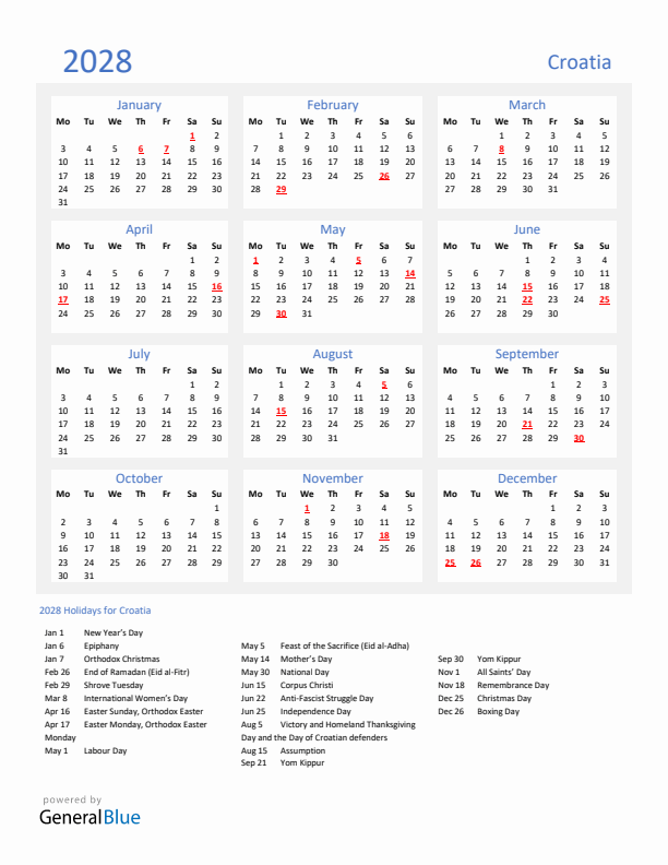 Basic Yearly Calendar with Holidays in Croatia for 2028 