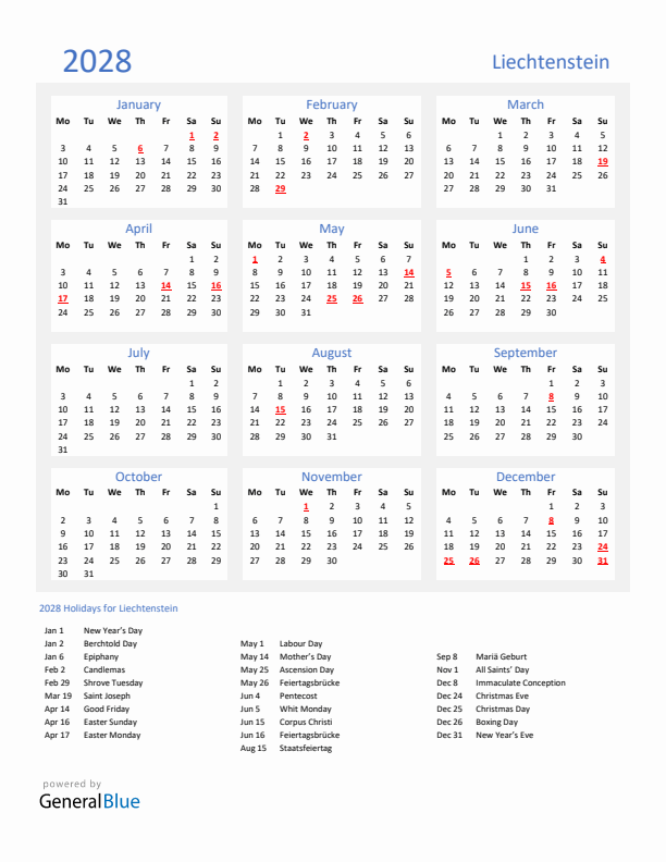 Basic Yearly Calendar with Holidays in Liechtenstein for 2028 