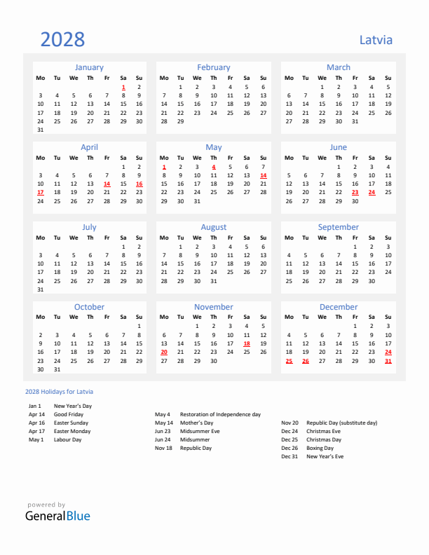 Basic Yearly Calendar with Holidays in Latvia for 2028 