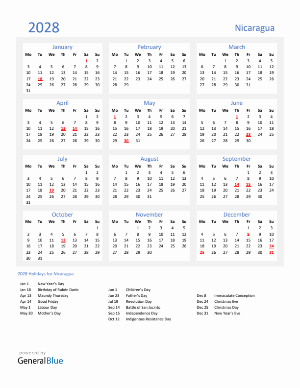 Basic Yearly Calendar with Holidays in Nicaragua for 2028 