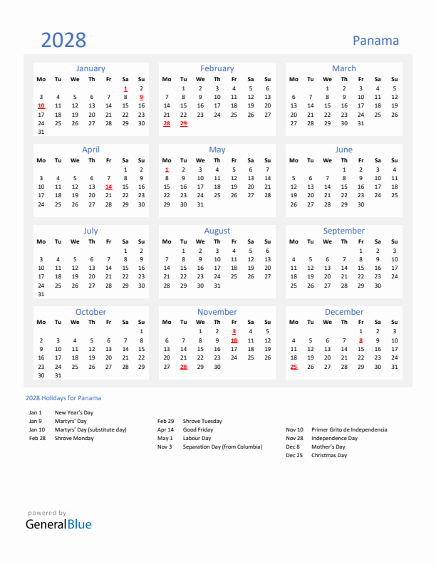 Basic Yearly Calendar with Holidays in Panama for 2028 