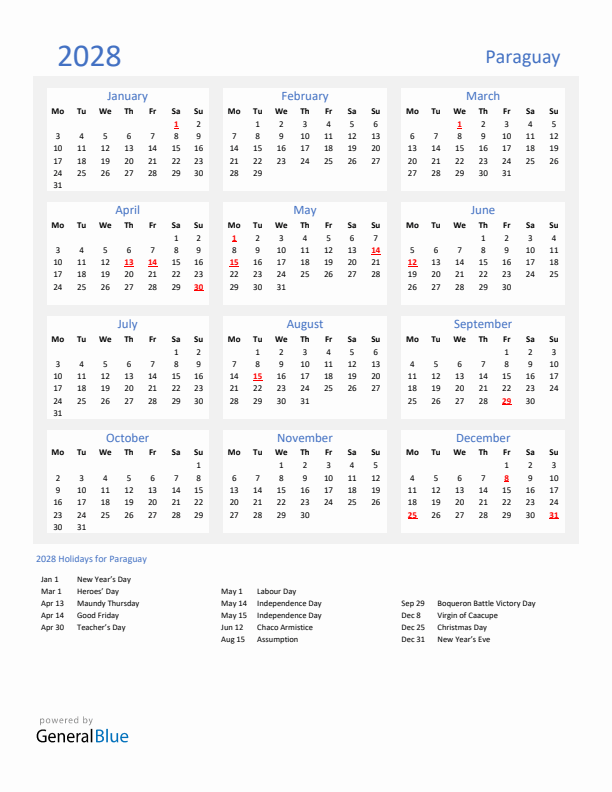 Basic Yearly Calendar with Holidays in Paraguay for 2028 