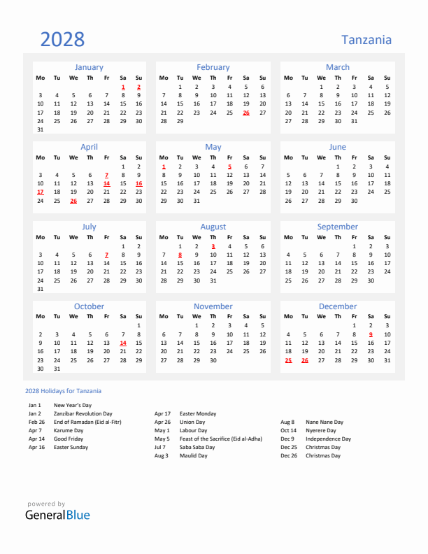 Basic Yearly Calendar with Holidays in Tanzania for 2028 