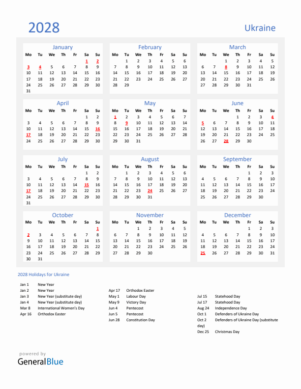 Basic Yearly Calendar with Holidays in Ukraine for 2028 