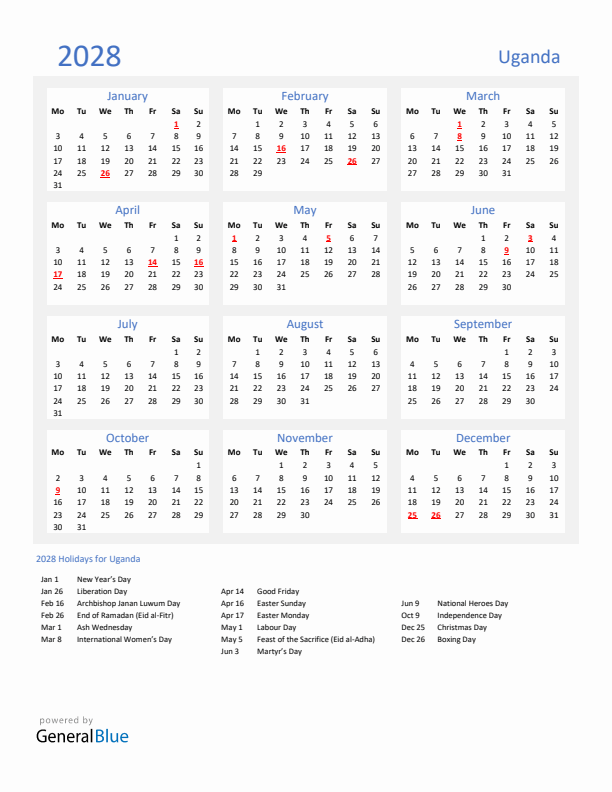 Basic Yearly Calendar with Holidays in Uganda for 2028 