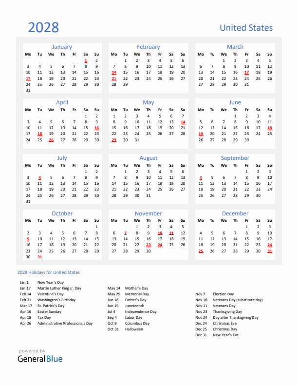 Basic Yearly Calendar with Holidays in United States for 2028 