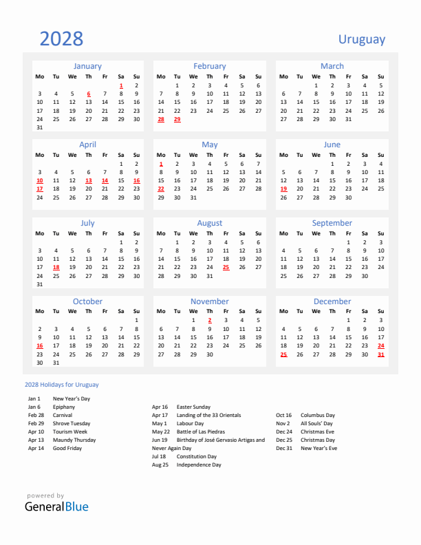 Basic Yearly Calendar with Holidays in Uruguay for 2028 