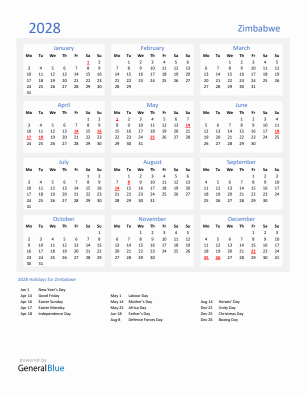 Basic Yearly Calendar with Holidays in Zimbabwe for 2028 