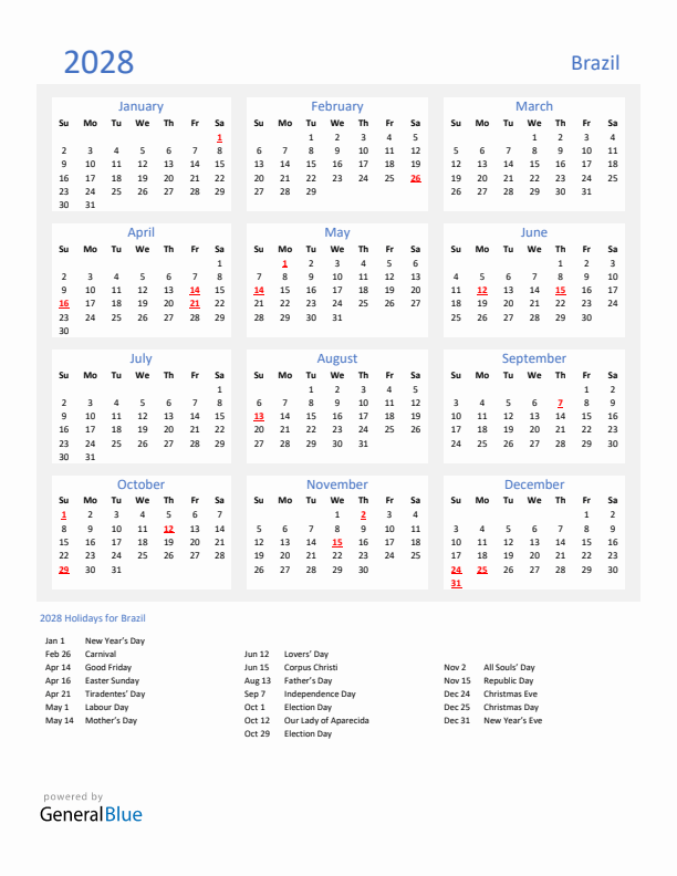 Basic Yearly Calendar with Holidays in Brazil for 2028 