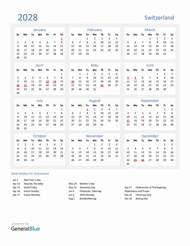 Basic Yearly Calendar with Holidays in Switzerland for 2028 